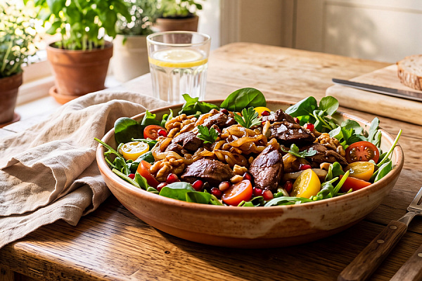 Тёплый салат с куриной печенью и карамелизированным луком